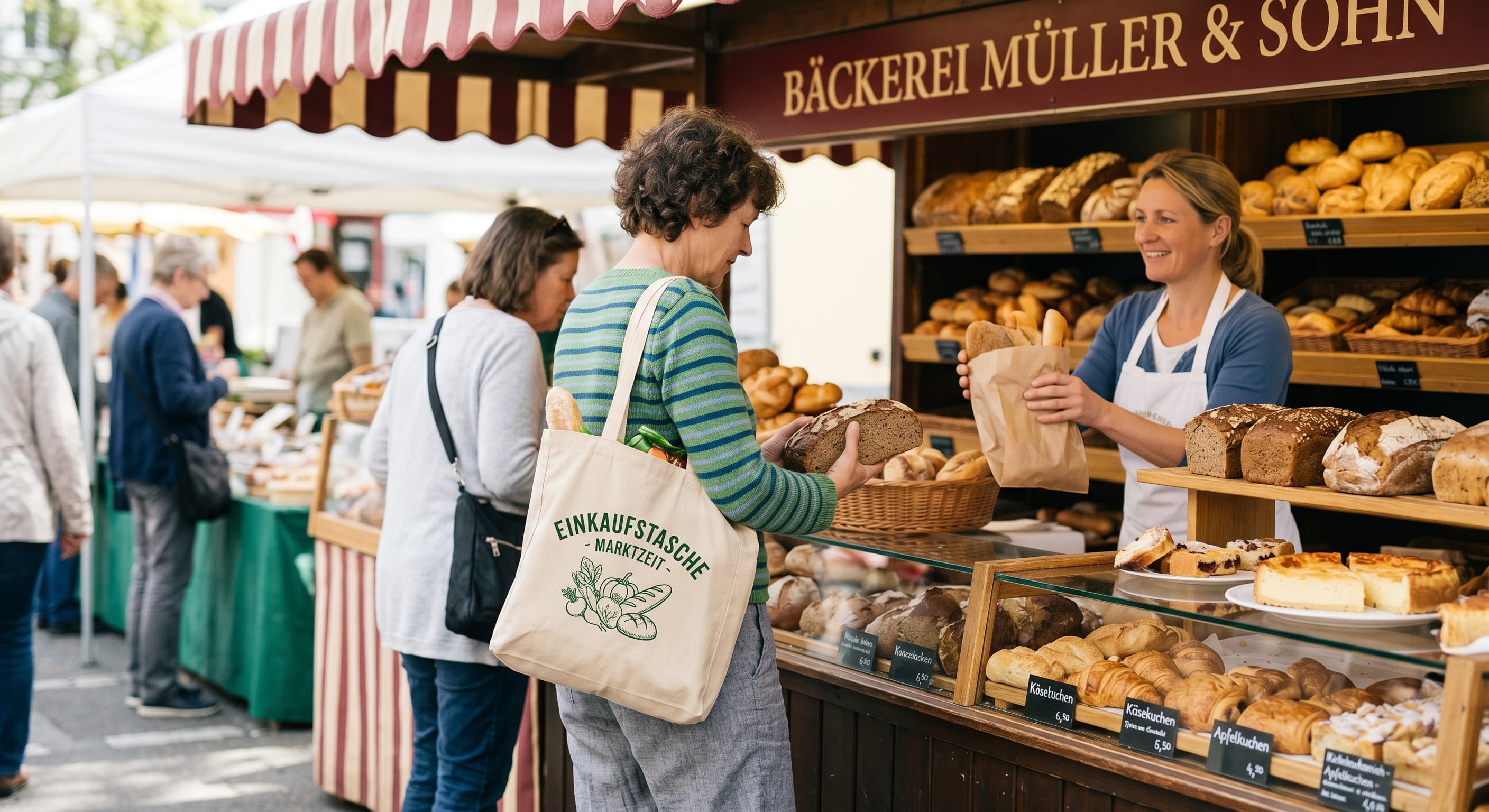 Marktstand mit Obst und Gemüse — Senioren beim Einkauf