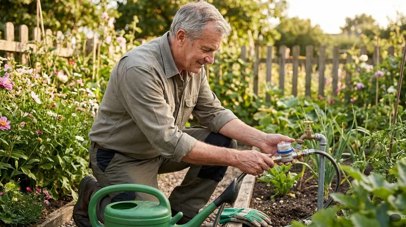 Symbolbild zu „Gartenwasserzähler: So sparen Senioren bei der Abwasserrechnung im Garten" — KI-generiert.
